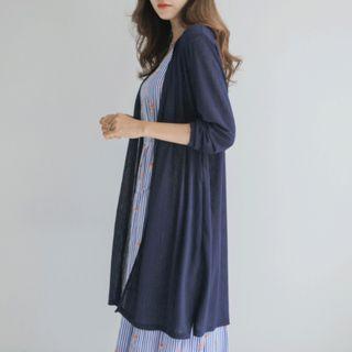 Open-front Ribbed Sheer Long Cardigan