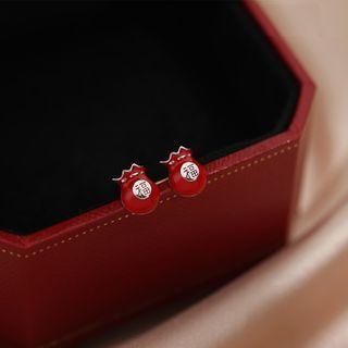 925 Sterling Silver Chinese Characters Earring 1 Pair - Silver & Red - One Size