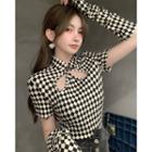 Set: Short-sleeve Check Crop Top + Oversleeves