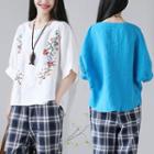 Elbow-sleeve Batwing Embroidery T-shirt