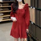 Long-sleeve Knit A-line Dress Red - One Size