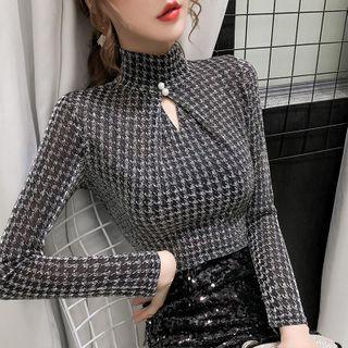 Houndstooth Mock Turtleneck Long-sleeve Cutout Top