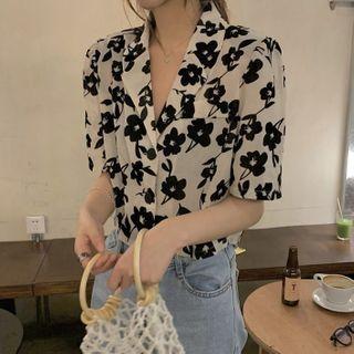 Short-sleeve Floral Print Shirt Almond & Black - One Size