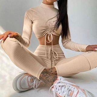 Set: Long-sleeve Drawstring Crop T-shirt + Pants