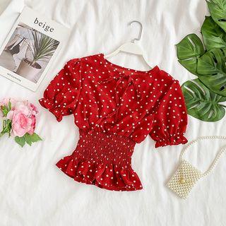 Puff-sleeve Dotted Smocked Blouse