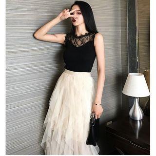 Lace Yoke Sleeveless Knit Top / Ruffle A-line Midi Mesh Skirt