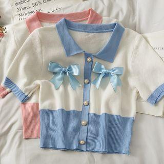 Ribbon-accent Colorblock Crop Knit Top
