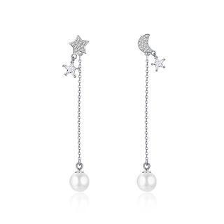 925 Sterling Silver Star Moon Earrings With Austrian Element Crystals And Fashion Pearl Silver - One Size