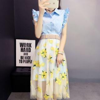 Set: Plain Frill Trim Sleeveless Shirt Dress + Flower Embroidered Midi Mesh Skirt