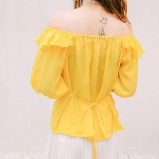 Elbow-sleeve Off-shoulder Frilled Chiffon Top