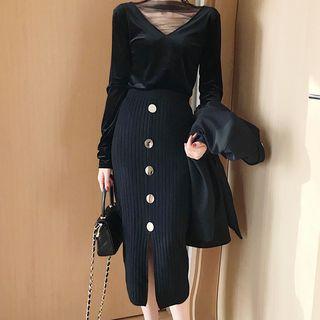 Long-sleeve Mesh Panel Velvet Top / Button-front Midi Knit Skirt