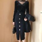 Long-sleeve Mesh Panel Velvet Top / Button-front Midi Knit Skirt