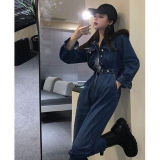 Wide-leg Denim Jumpsuit Dark Blue - One Size