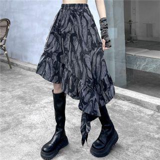 Asymmetrical Hem Print Midi A-line Skirt