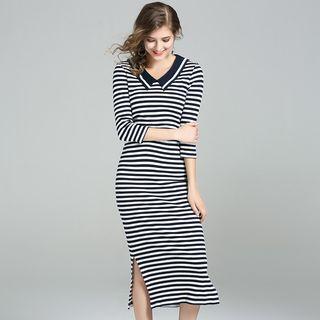 3/4-sleeve Sailor Collar Midi Dress