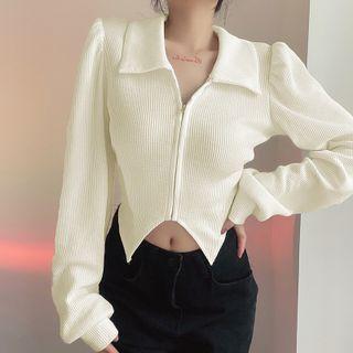 Collared Asymmetrical Zip-up Cropped Jacket