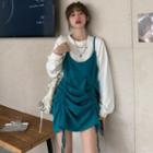 Mock Two-piece Long-sleeve Top With Drawstring Knit Strap Mini Dress