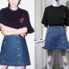 Elbow-sleeve T-shirt/denim A-line Skirt