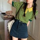 Short-sleeve Striped Polo Knit Top / Denim Skort