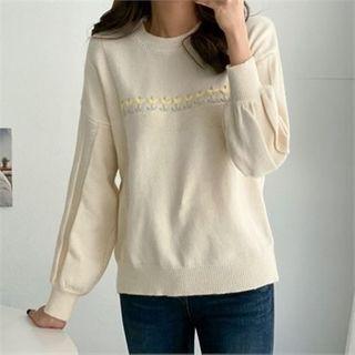 Balloon-sleeve Floral Embroidered Knit Top