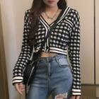 Houndstooth Button-up Cropped Jacket Plaid - Black & White - One Size