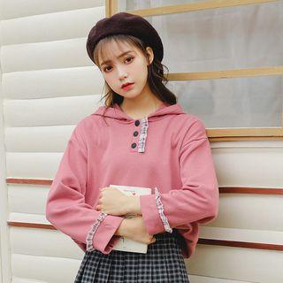 Frill Trim Buttoned Placket Hoodie