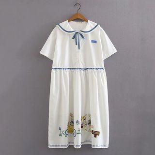 Short-sleeve Rabbit Print A-line Midi Dress