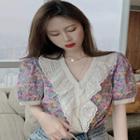 Eyelet Trim Floral Print Short-sleeve Blouse As Shown In Figure - One Size
