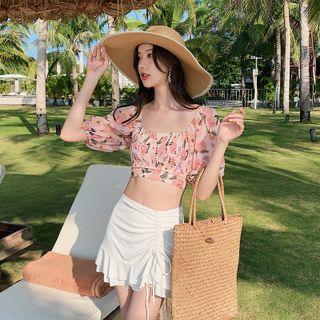 Balloon-sleeve Floral Print Swim Top / Swim Skirt / Swim Shorts / Set