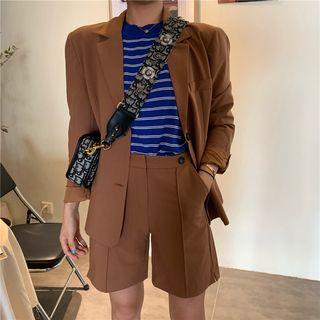 Button Blazer / Striped Knit Top / Plain Shorts