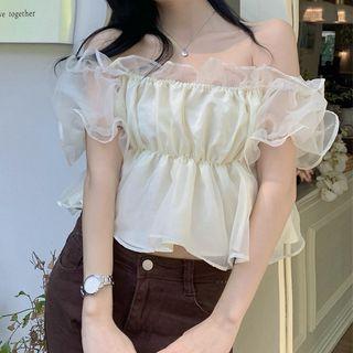 Off-shoulder Ruffle Cropped Blouse Almond - One Size