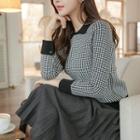 Collared Contrast-trim Houndstooth Knit Top