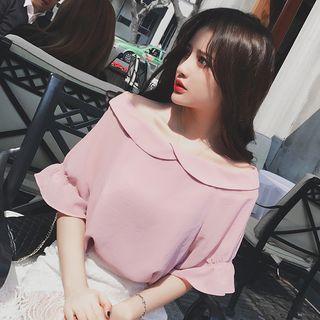Off-shoulder Elbow-sleeve Chiffon Blouse