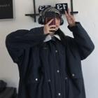 Fleece-trim Button Coat Dark Blue - One Size
