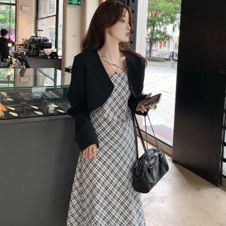 Single-button Cropped Jacket / Spaghetti Strap Plaid Midi A-line Dress