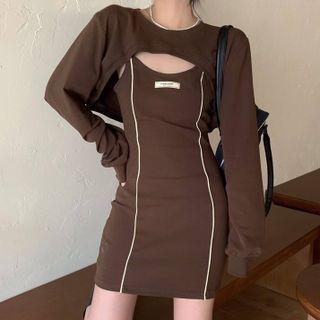Set: Spaghetti-strap Mini Sheath Dress + Long-sleeve Shrug