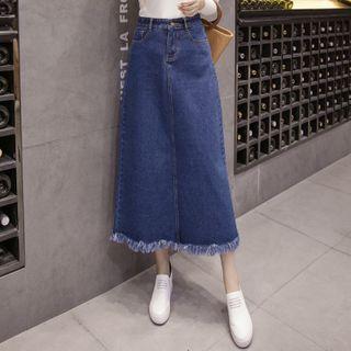 Fringed Trim Midi A-line Denim Skirt