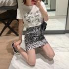 Set: Short-sleeve Lettering T-shirt + Leopard Print Mini A-line Skirt
