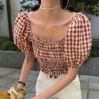 Gingham Puff-sleeve Ruffle Trim Cropped Blouse