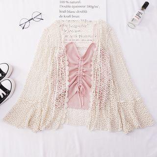 Set: Spaghetti Strap Drawstring Knit Top + Perforated Light Jacket