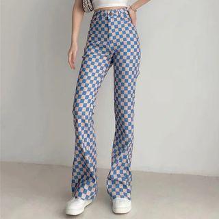 Checkerboard Pattern Boot-cut Pants