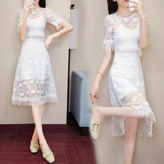 Set: Short-sleeve Lace Top + Spaghetti-strap A-line Lace Dress