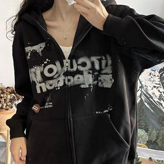 Long-sleeve Letter Print Hooded Zip Jacket