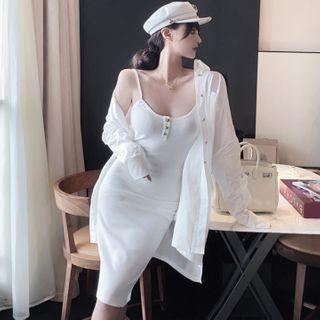 Hooded Buttoned Jacket / Spaghetti Strap Bodycon Dress
