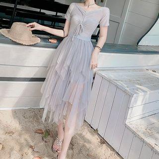 Mesh Panel Lace-up Short-sleeve Midi A-line Dress