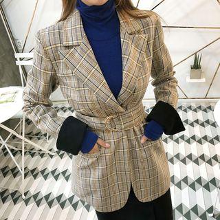 One-button Belted Plaid Blazer