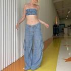 Low Rise Pocket Detail Wide Leg Jeans
