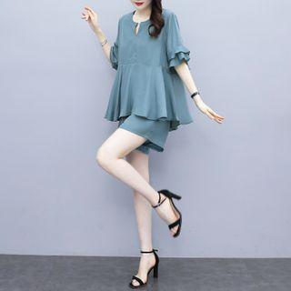 Set: Short-sleeve Plain Blouse + Shorts