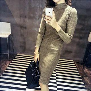 Long-sleeve Stand Collar Knit Dress