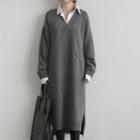 V-neck Plain Loose Fit Side Slit Long Knit Coat